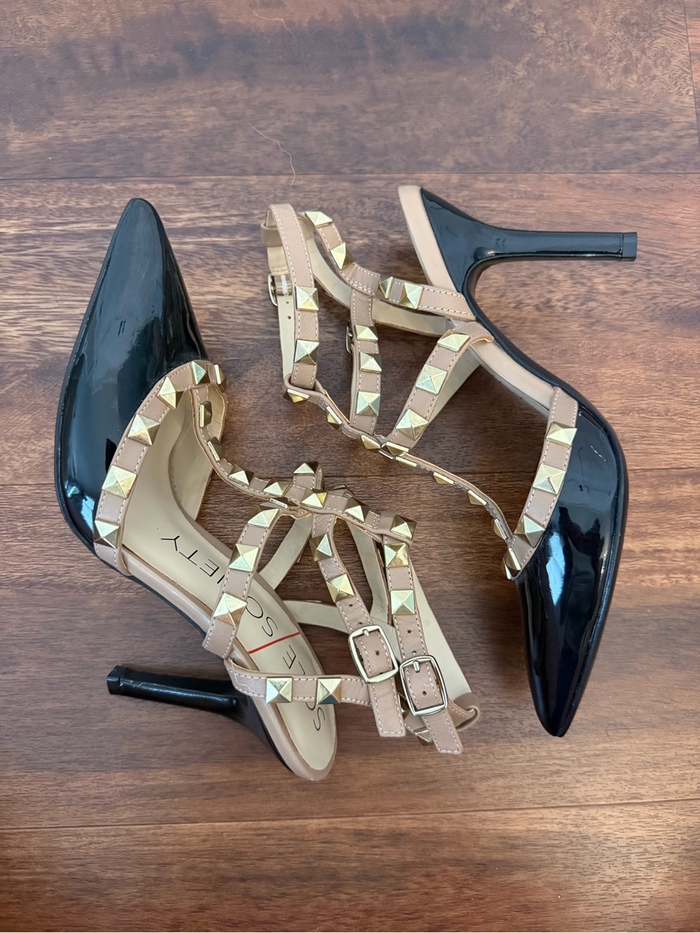 Sole Society Black Patent and Nude Studded Strappy Pointed-Toe Heels- Size 5.5